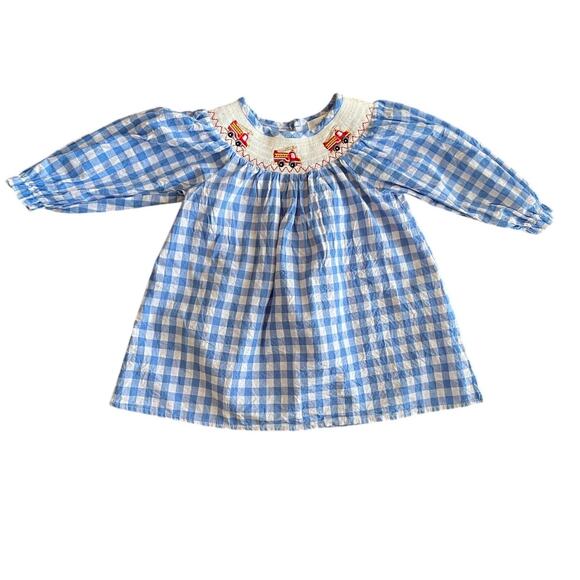 MARIE NICOLE | Smocked Fire Truck Embroidered Blue & White Gingham Dress Size 2T - Picture 2 of 8